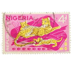 Почтовая марка 4 пенса 1965 года Нигерия «Фауна Африки — Леопарды» — Фото №1