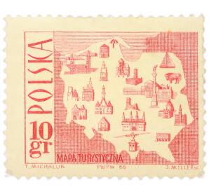 Почтовая марка 10 грошей 1966 года Польша «Туристическая карта Польши» — Фото №1