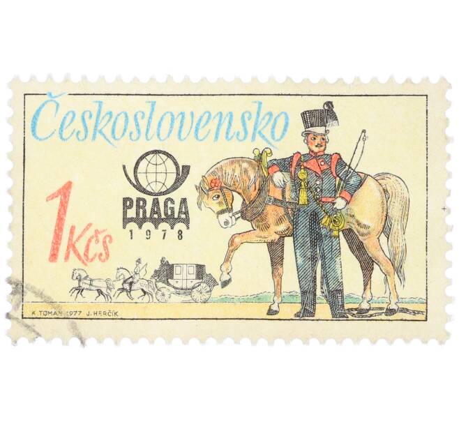 Почтовая марка 1 крона 1977 года Чехословакия «Историческая почтовая форма — Австрийский почтальон 1838 года» (Артикул: K12-81833) — Фото №1