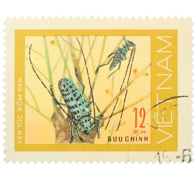 Почтовая марка 12 су 1977 года Вьетнам «Жуки-усачи — Чернопятнистый усач» (Артикул: K12-82031) — Фото №1