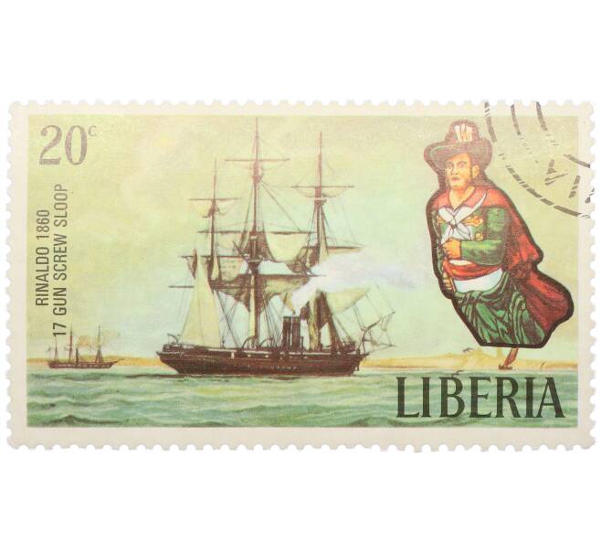 Почтовая марка 20 центов 1970 года Либерия «Суда — Rinaldo 1860 (17-пушечный шлюп с винтовым двигателем)» (Артикул: K12-82070) — Фото №1