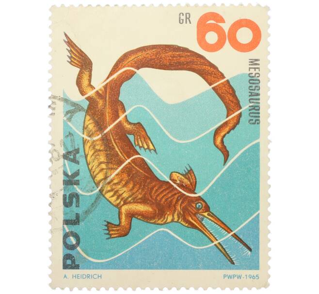 Почтовая марка 60 грошей 1965 года Польша «Доисторические животные - Мезозавр» (Артикул: K12-82085) — Фото №1