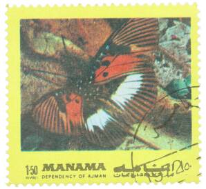 Почтовая марка 1.50 риала 1972 года Манама «Бабочки восточного полушария — Pseudacraea dolomena» — Фото №1
