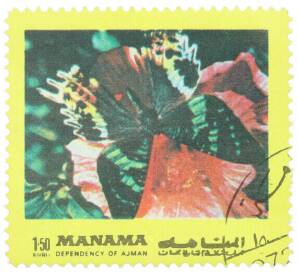 Почтовая марка 1.50 риала 1972 года Манама «Бабочки восточного полушария — Изменчивая ложная акрея» — Фото №1