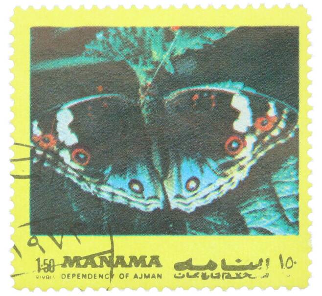 Почтовая марка 1.50 риала 1972 года Манама «Бабочки восточного полушария - Голубая анютица» (Артикул: K12-82217) — Фото №1