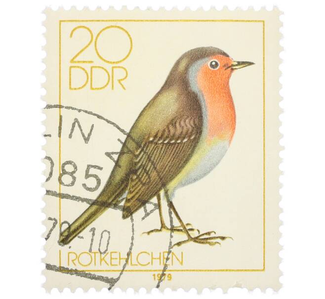 Почтовая марка 20 пфеннигов 1979 года Восточная Германия (ГДР) «Певчие птицы - Зарянка» (Артикул: K12-82231) — Фото №1