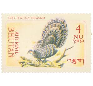 Почтовая марка 4 нгултрума 1968 года Бутан «Редкие птицы - Серый павлиний фазан» — Фото №1