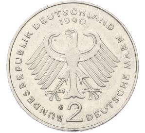 2 марки 1990 года G Западная Германия (ФРГ) «Курт Шумахер» — Фото №2