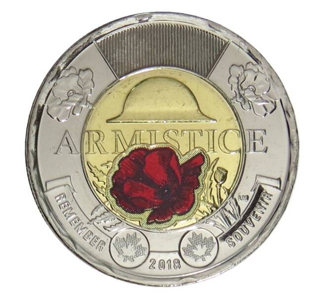 Монета 2 доллара 2018 года Канада — 100 лет со дня окончания Первой Мировой войны (цветное покрытие) (Артикул M2-35252)