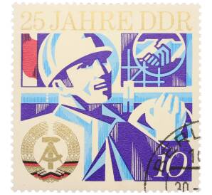 Почтовая марка 10 пфеннигов 1974 года Восточная Германия (ГДР) «25 лет ГДР» — Фото №1
