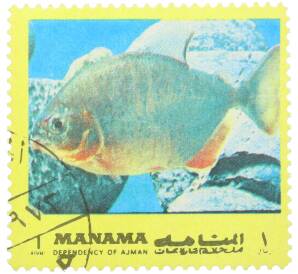 Почтовая марка 1 риал 1971-1972 года ОАЭ (Аджман) «Тропические рыбы» — Фото №1
