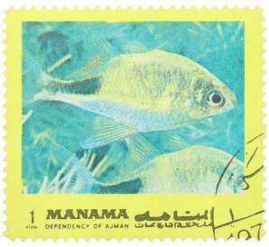 Почтовая марка 1 риал 1971-1972 года ОАЭ (Аджман) «Тропические рыбы» — Фото №1