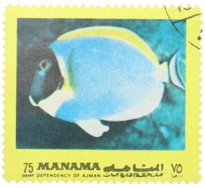 Почтовая марка 75 дирхам 1971-1972 года ОАЭ (Аджман) «Тропические рыбы» — Фото №1