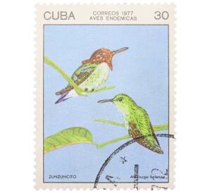 Почтовая марка 30 сентаво 1977 года Куба «Эндемичные птицы — Кубинский колибри-пчелка (Zunzuncito)» — Фото №1