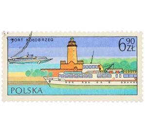 Почтовая марка 6.90 злотых 1976 года Польша «Польские порты — Катер на подводных крыльях и маяк в порту Колобжег» — Фото №1