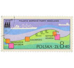Почтовая марка 8.40 злотых 1971 года Польша «Польские морские порты — Карта побережья Балтийского моря с указанием портов» — Фото №1