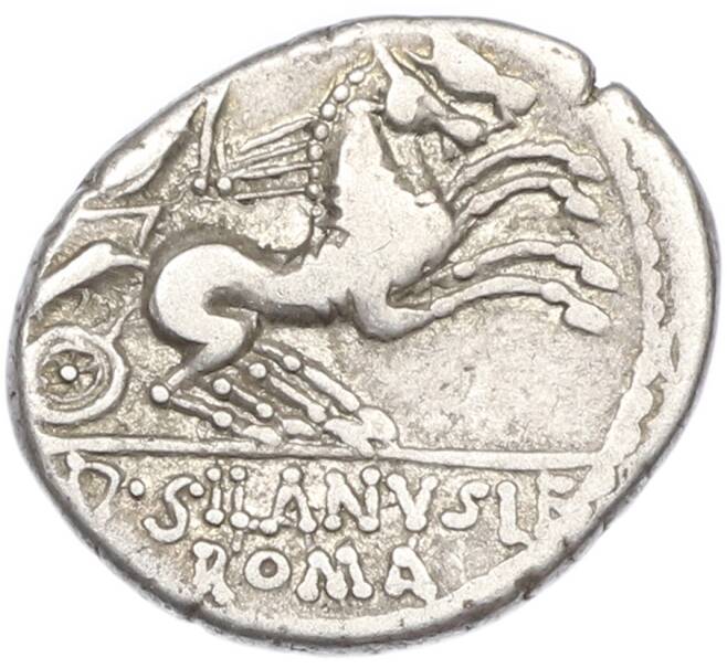 Монета Денарий 91 года до н.э. Римская республика — Децим Юний Силан (Артикул: M2-92483) — Фото №2