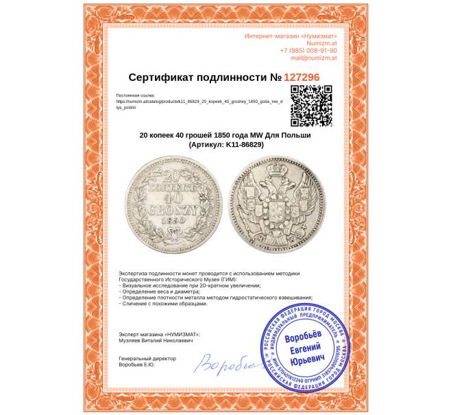 Монета 20 копеек 40 грошей 1850 года МW Для Польши (Артикул: K11-86829)