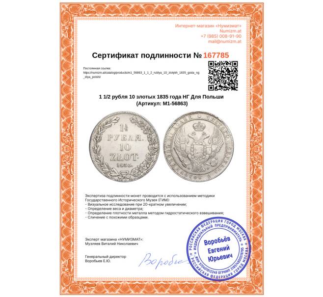 Монета 1 1/2 рубля 10 злотых 1835 года НГ Для Польши (Артикул: M1-56863)
