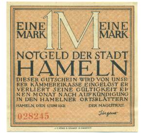 1 марка 1921 года Германия — город Хамельн (Нотгельд) — Фото №2
