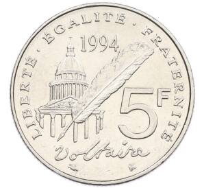 5 франков 1994 года Франция «300 лет со дня рождения Вольтера» — Фото №2