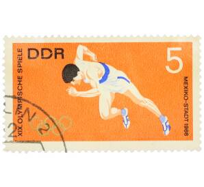Почтовая марка 5 пфеннигов 1968 года Восточная Германия (ГДР) «XIX летние Олимпийские игры в Мехико — Спринт» — Фото №1