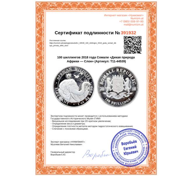 Монета 100 шиллингов 2018 года Сомали «Дикая природа Африки — Слон» (Артикул: T11-44539)