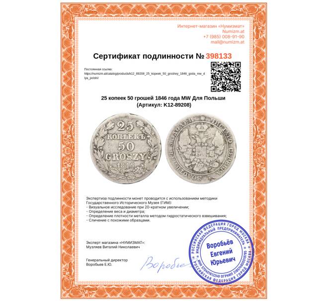 Монета 25 копеек 50 грошей 1846 года MW Для Польши (Артикул: K12-89208)