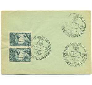 Филателистический конверт со спецгашением 1958 года СССР «Московская филателистическая выставка — 100 лет первой русской марки» со сцепкой из двух марок 40 рублей 1921 года РСФСР — Фото №1