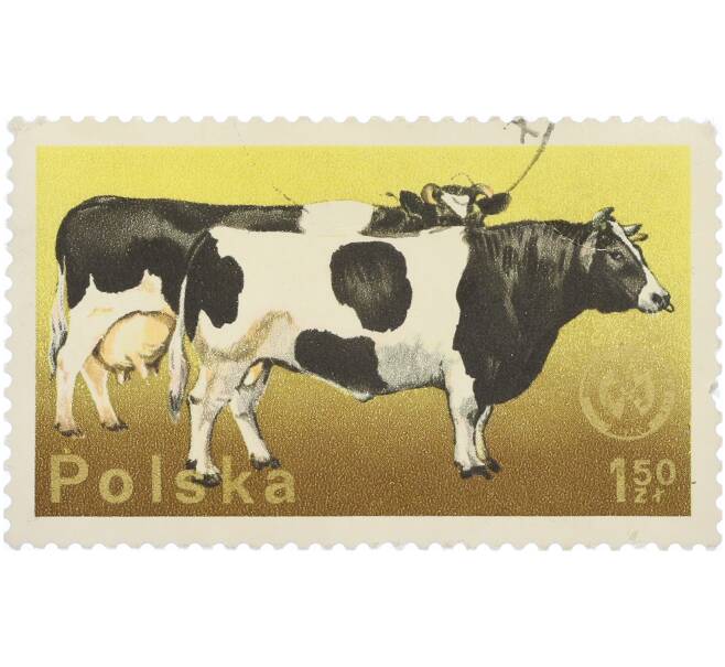 Почтовая марка 1,50 злотых 1975 года Польша «26-й съезд Европейской зоотехнической федерации в Варшаве — Корова черно-белой породы» (Артикул: K12-91037) — Фото №1