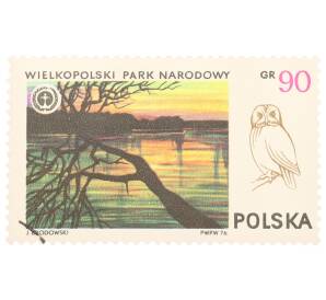 Почтовая марка 90 грошей 1976 года Польша «Национальные парки — Великопольский национальный парк и серая неясыть (Strix aluco)». — Фото №1