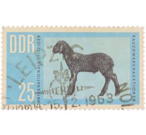 Почтовая марка 25 пфеннигов 1963 года Германия ГДР «Internationale Leipziger Rauchwarenauktionen — Международный пушной аукцион в Лейпциге. Каракульская овца» — Фото №1