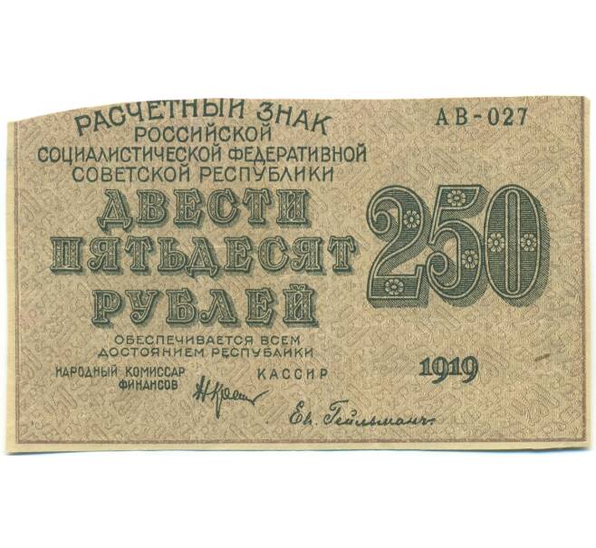 Банкнота 250 рублей 1919 года (Артикул: T11-52163) — Фото №1