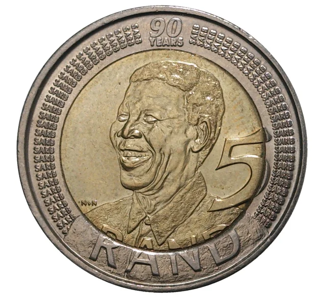 Монета 5 рэндов 2008 года ЮАР «90 лет со дня рождения Нельсона Манделы» (Артикул M2-37183)