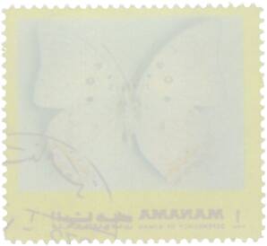 Почтовая марка 1 риал 1972 года Манама «Бабочки — Морфо полифем» — Фото №2