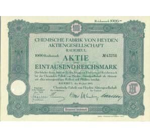 Акция 1000 рейхсмарок 1942 года Германия «Chemische Fabrik von Heyden Aktiengesellschaft»