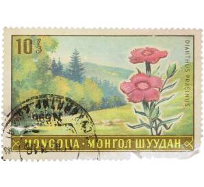 Почтовая марка 10 мунгу 1969 года Монголия «Дикорастущие цветы Монголии — Гвоздика луковозеленая» — Фото №1