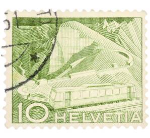Почтовая марка 10 раппенов 1949 года Швейцария «Пейзажи и техника — Горная железная дорога Роше-де-Нэ» — Фото №1