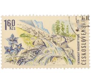 Почтовая марка 1.60 кроны 1969 года Чехословакия «20-летие Татранского национального парка — Горный ручей и цветы Горечавка» — Фото №1