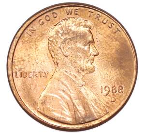 1 цент 1988 года D США — Фото №1